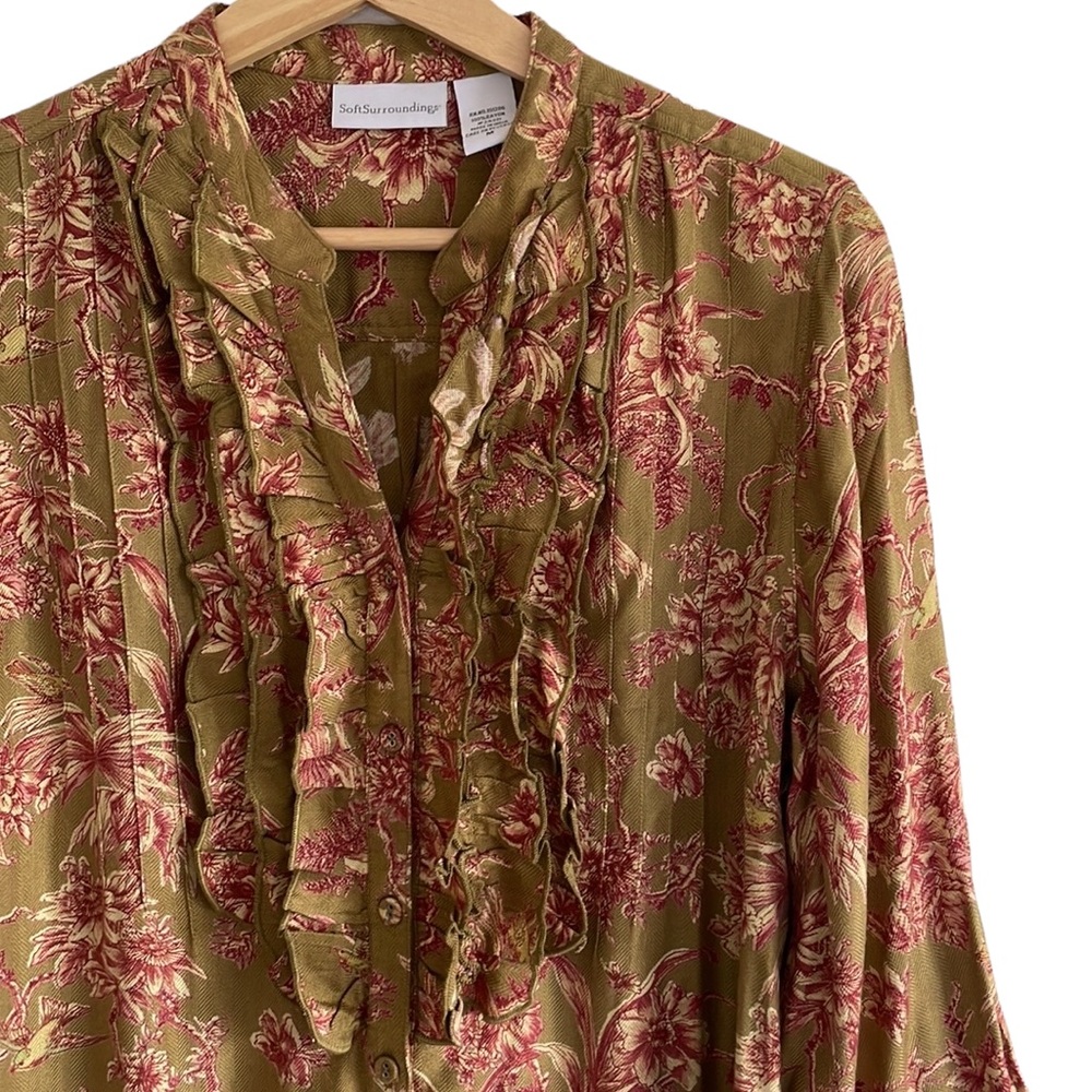 Soft Surroundings Blouse Button Down Floral Ruffles Red Green Medium - Picture 2 of 8